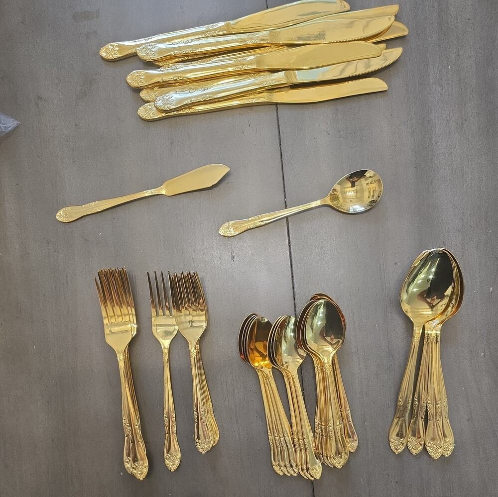 VTG 50pc Lifetime Cutlery Gold Electroplate Taiwan Stainless Flatware Set